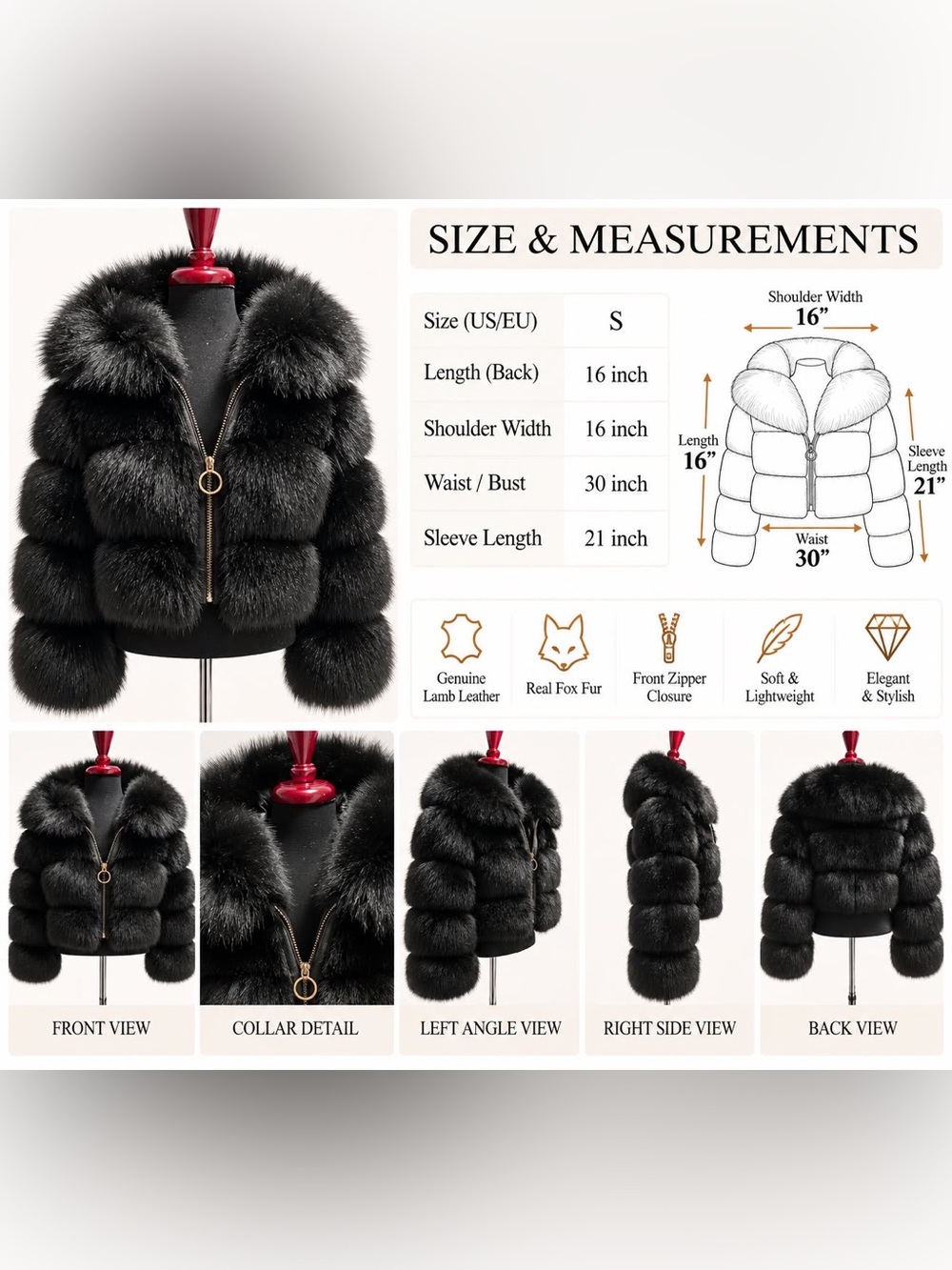 Black Genuine Fox Fur Jacket Hooded Zip Up Luxury Winter Coat Women - Picture 6 of 6